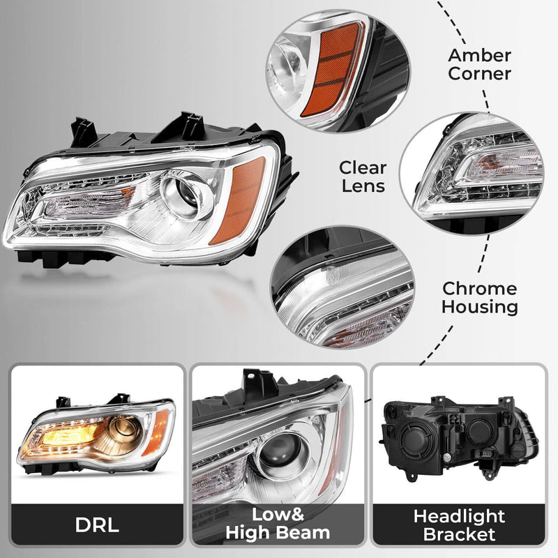 DURAFORCE Chrome Bezel LED DRL Headlight Headlamp Driver Side for Chrysler 300 2011-2023