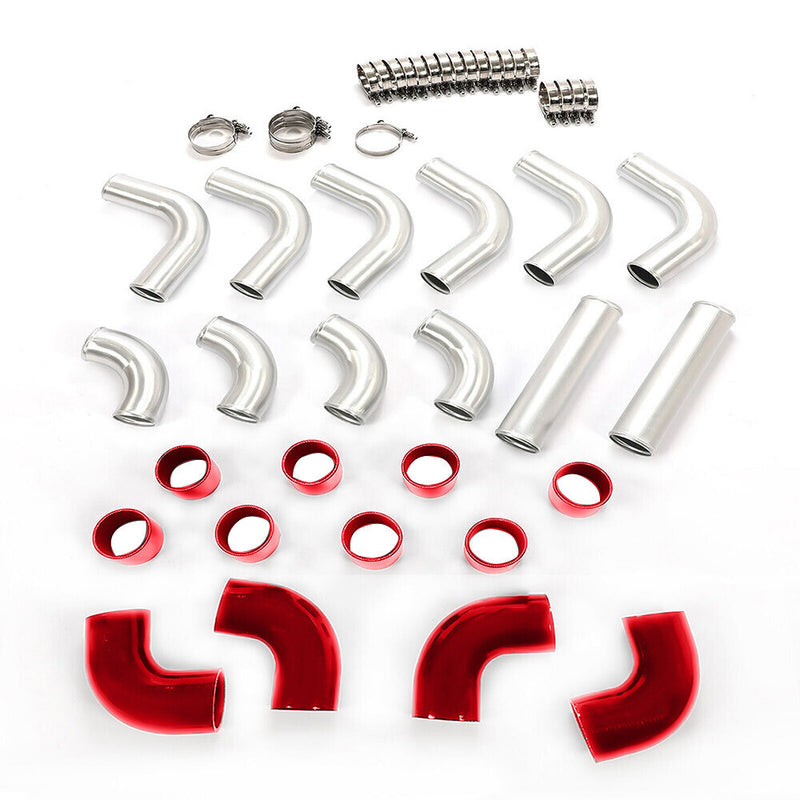 3" DIY Polished Intercooler Piping U Pipe Red Silicone Coupler Clamp Kit