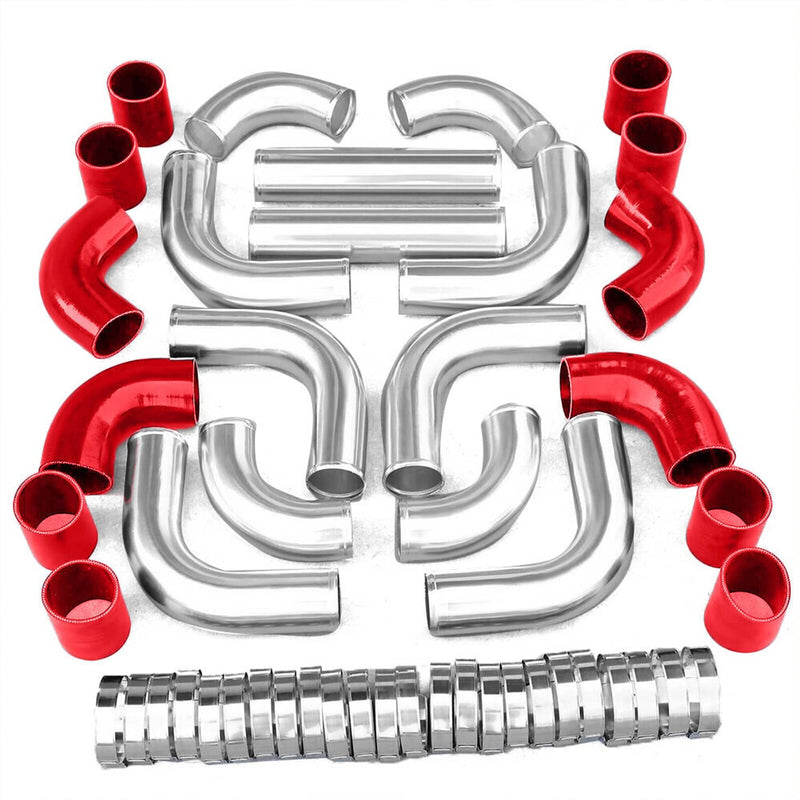 Universal 3" Aluminum Intercooler Turbo Piping Kit Hose Red Silicone Clamp