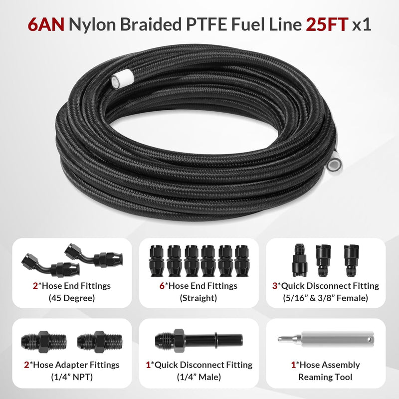6AN 3/8" PTFE Fuel Line Kit Nylon Stainless Braided Hose 25FT 16Pcs