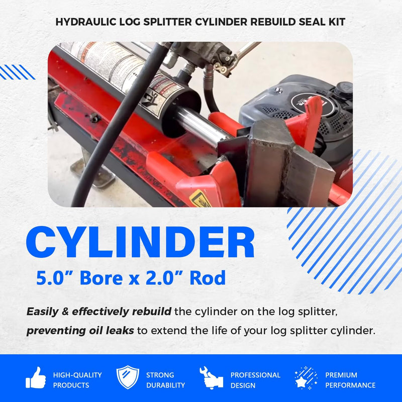 5.0" Bore x 2.0" Rod Hydraulic Log Splitter Cylinder Rebuild Seal Kit