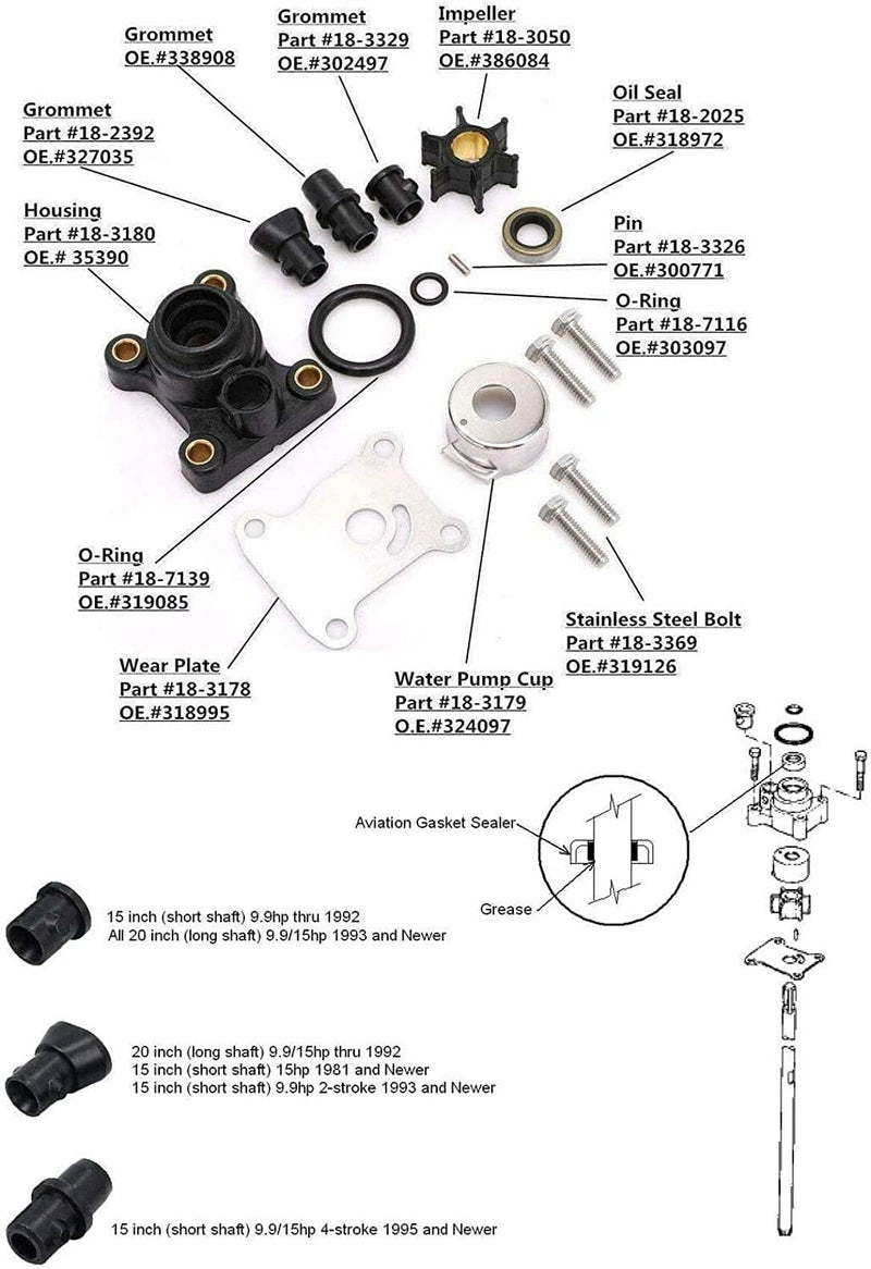 DURAFORCE 394711 Water Pump Impeller Kit for Johnson for Evinrude 9.9-15HP 1974-2007