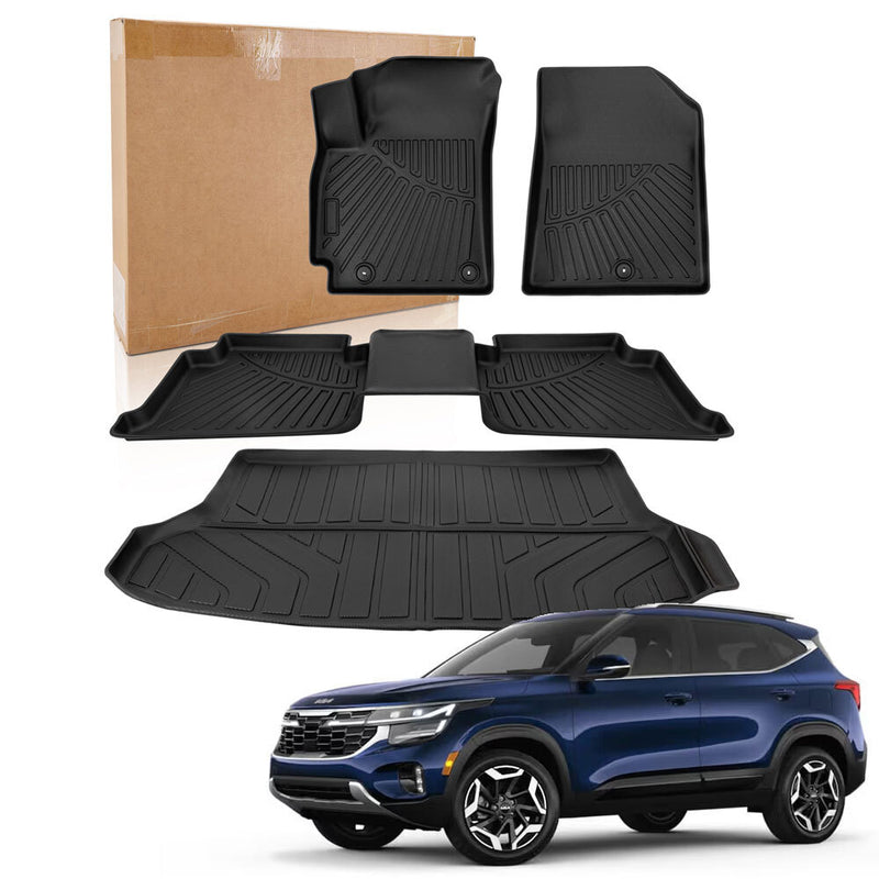 Front Floor Mats + Rear Trunk Mat Cargo Liner TPE for Kia Seltos 2021-2024 4Pcs