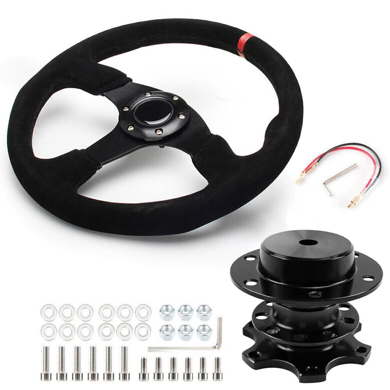 350mm Racing Suede Leather Steering Wheel Horn Quick Release Kit 14