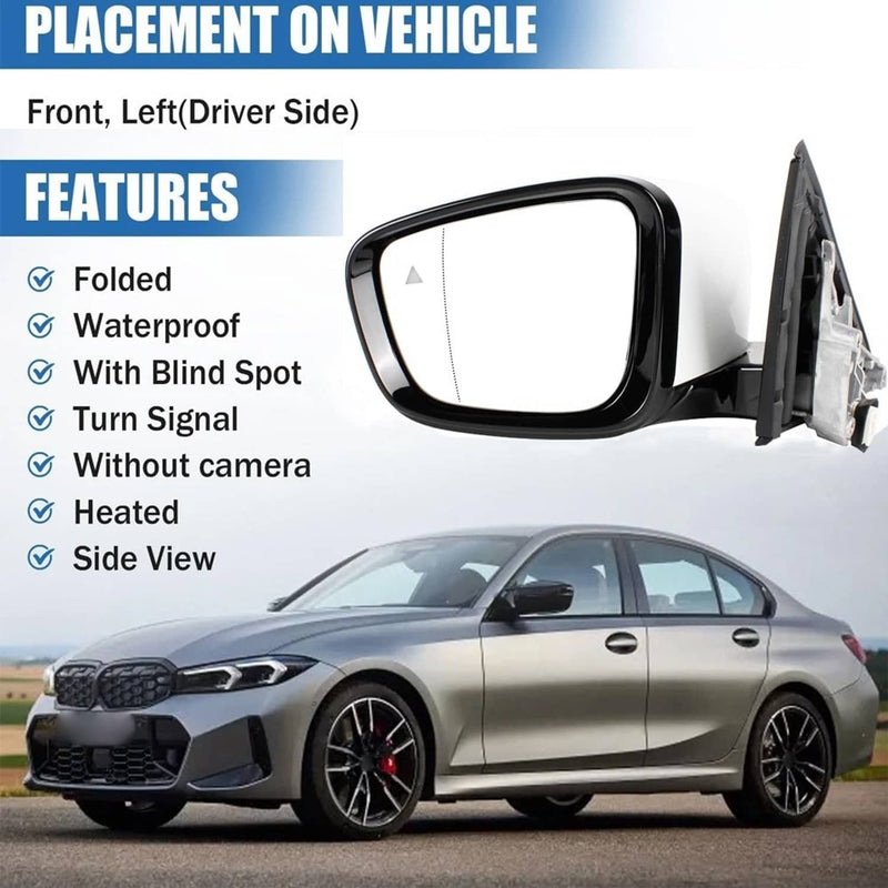 Left Driver Side Mirror with Blind Spot White for BMW 320i 330i 330e 2019-2023