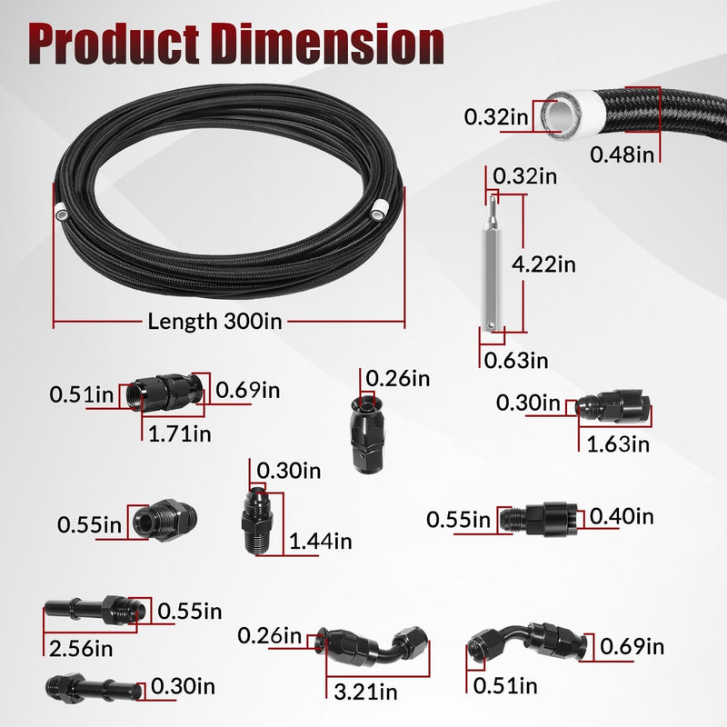 6AN 3/8" PTFE Fuel Line Kit Nylon Stainless Braided Hose 25FT 16Pcs