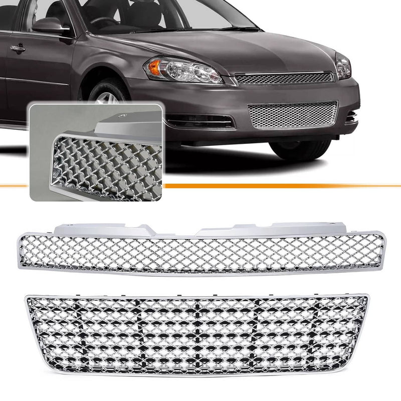 DURAFORCE Chrome Mesh Front Upper Lower Bumper Grille for Chevy Impala Limited 2006-2016