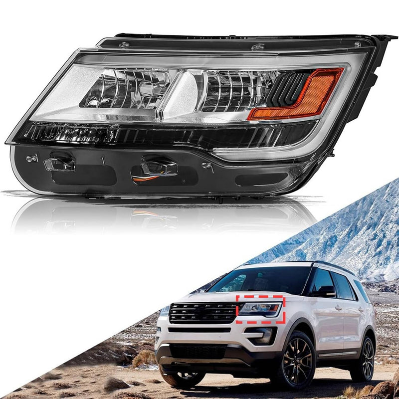 Driver Left Headlight w/LED DRL for Ford Explorer 2016-2019 Chrome Housing