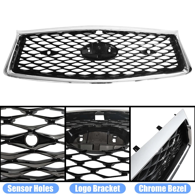 DURAFORCE For 2018-2023 Infiniti Q50 Chrome Bezel Front Bumper Black Grille W/sensor holes