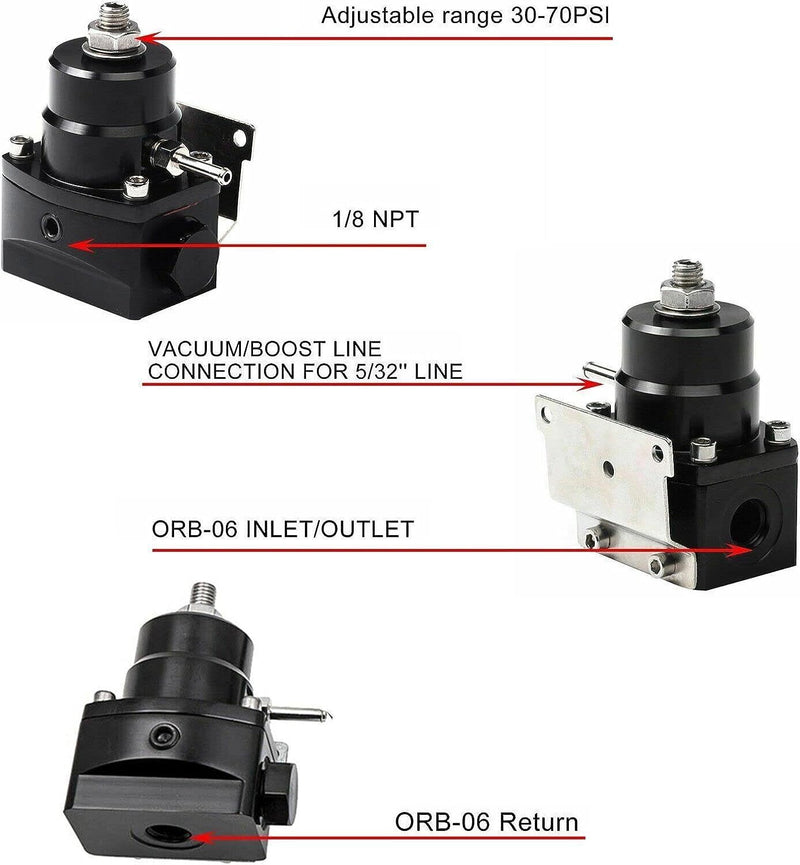 Universal Adjustable Fuel Pressure Regulator Kit 100psi AN6 Fitting Black