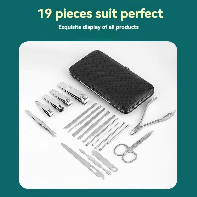 19 PCS Pedicure Manicure Set Nail Clippers Cleaner Cuticle Grooming Kit Case
