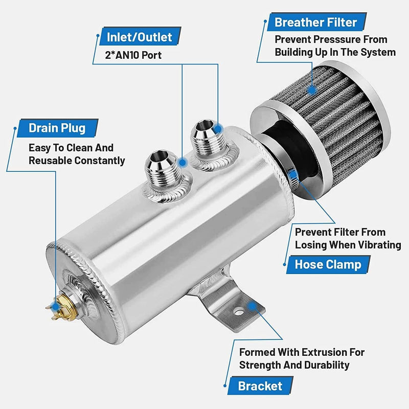 750ml 10AN Oil Catch Can Reservoir Tank & Breather Filter Baffled Aluminum Kit