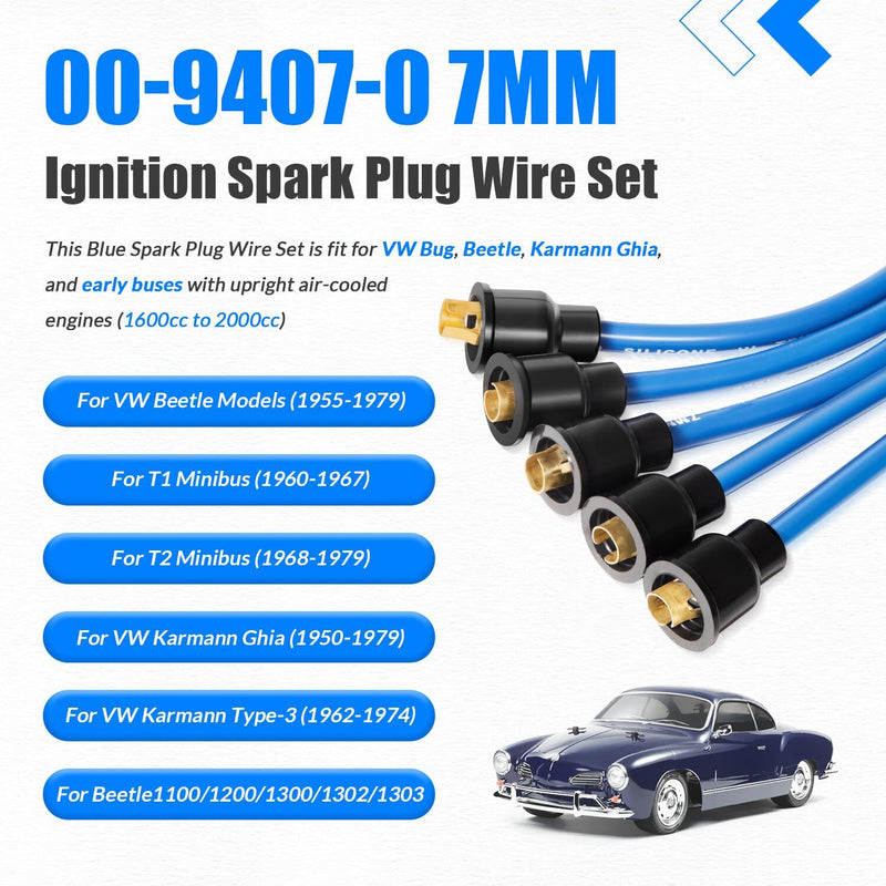 9407 Blue Ignition Spark Plug Wire Set for VW Dune Buggy Bug Beetle Ghia Thing
