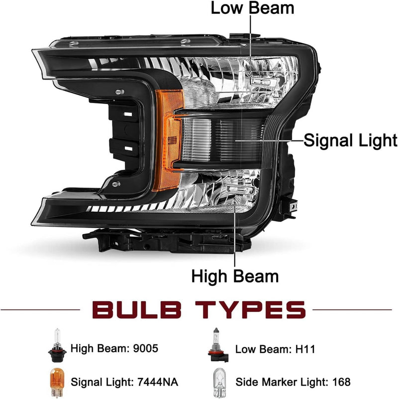 Pair Headlights for Ford F150 2018-2020 Halogen Headlamps Black Clear Left Right