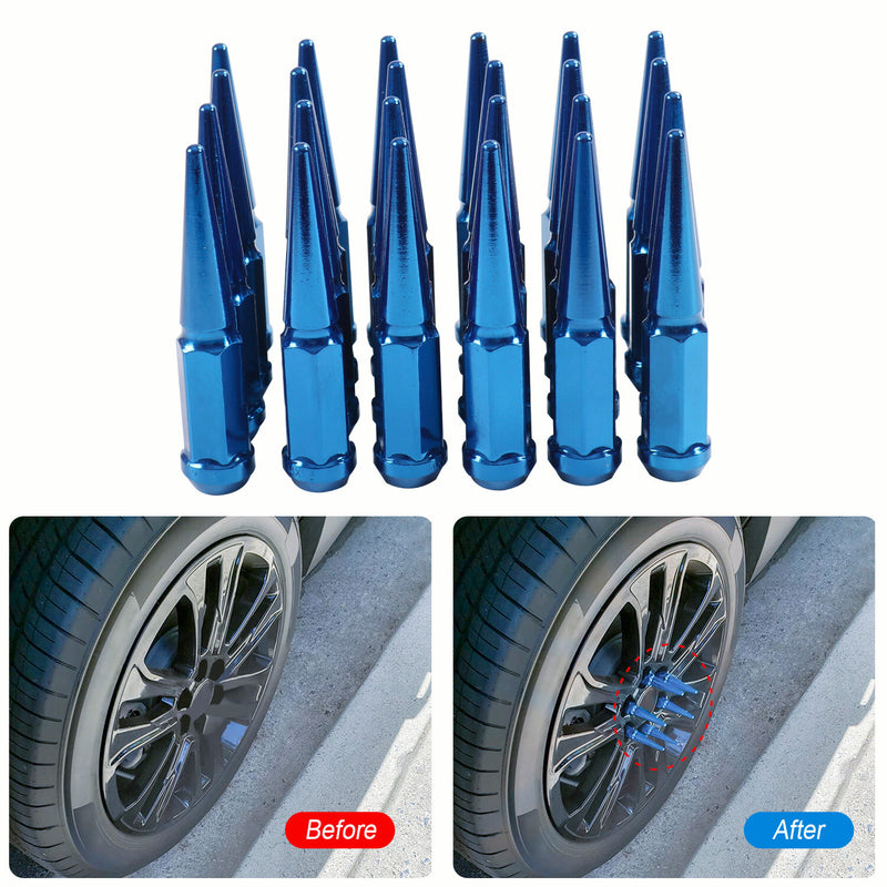 24PCS M14x1.5 Spike Lug Nuts 4.5 Tall Blue for 6 Lug GMC Chevy Ford With Key