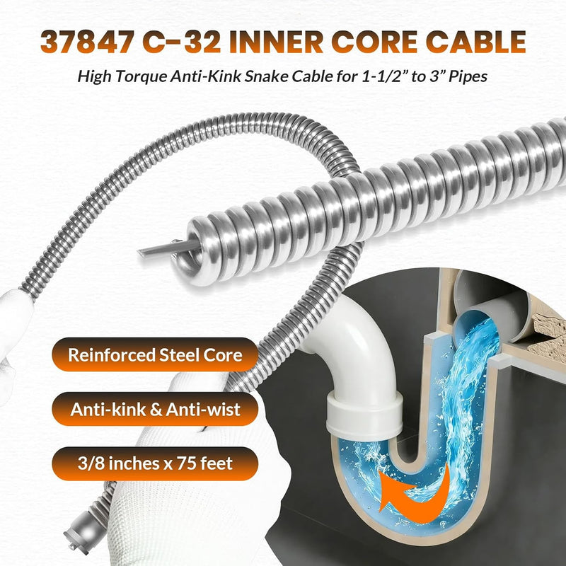37847 C-32 Inner Core 3/8" x 75' Drain Cleaning Cable for K-3800 K-375