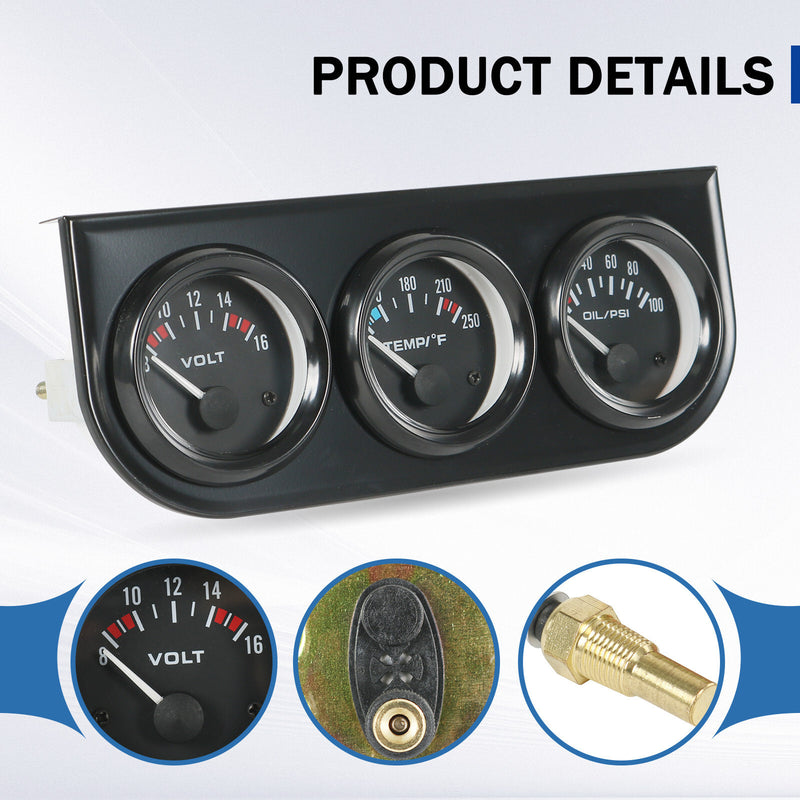 52mm 3-in-1 Auto Car Triple Gauge Set Water Temp Oil Volt Meter Kit