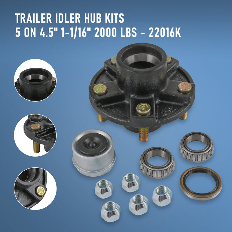 2 Pack Trailer Idler Hub Kits 5 on 4.5 5 Lugs 2000 lbs Axle 1-1/16 Bearings