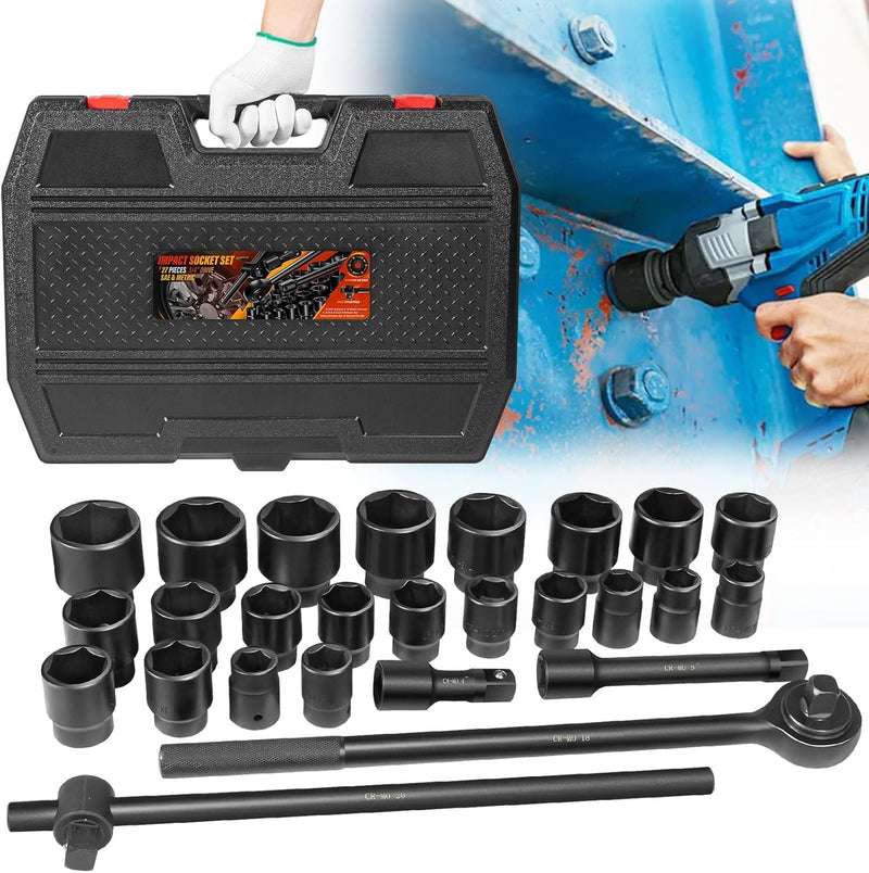 3/4" Drive Deep Impact Socket Set 27Pcs SAE 7/8"-2" Metric 22-50 MM Kit