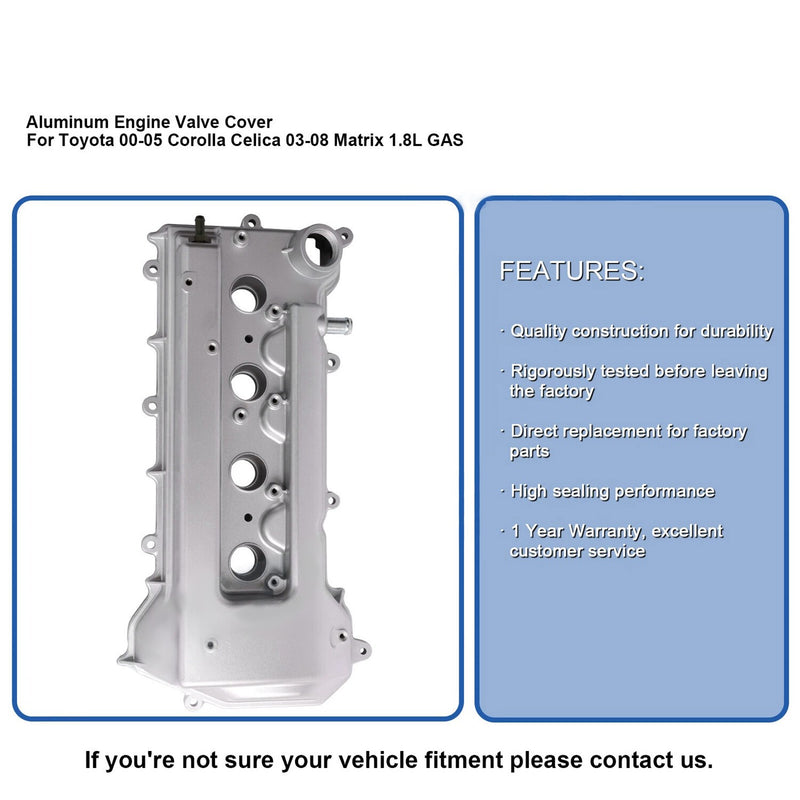 1120122060 Aluminum Valve Cover with Gasket for 2000-2008 Toyota 1.8L Gas Silver