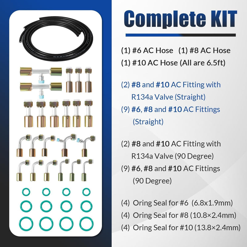 Air Conditioning Hose & Fitting Kit with 6.5ft #6 #8 #10 AC Hoses