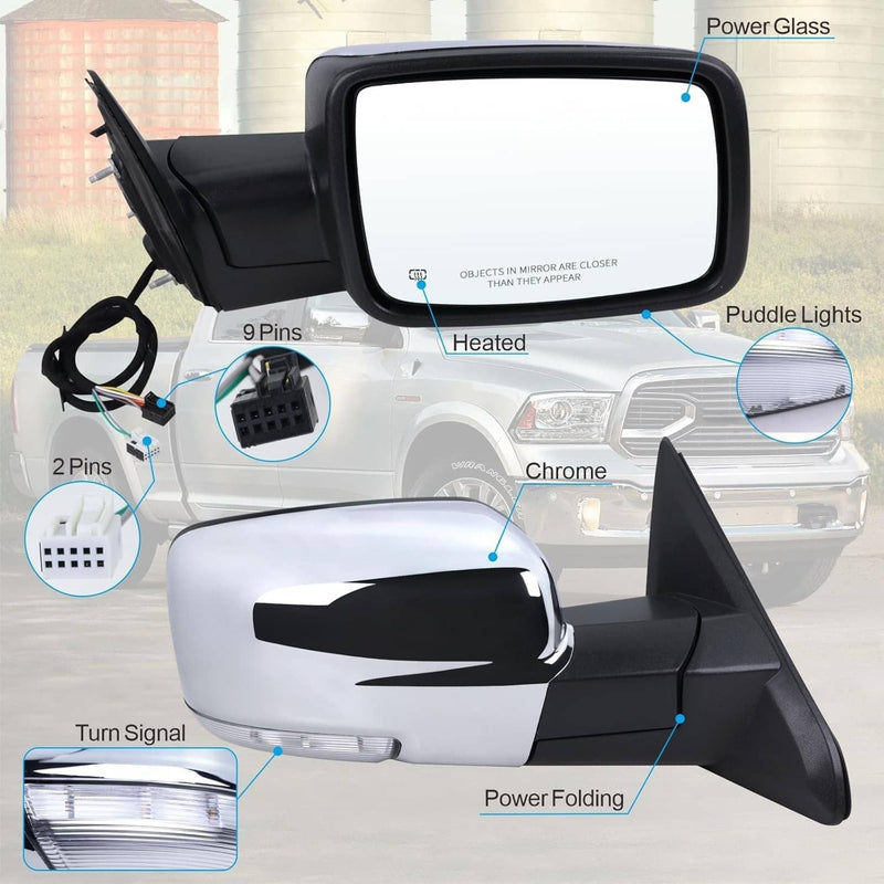 Chrome Power Folding Heated Right Mirror & LED Signal for Dodge Ram 1500 2013-19
