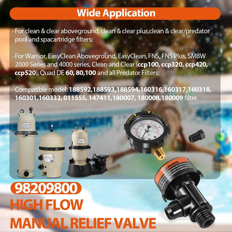 98209800 High Flow Manual Air Relief Valve With Gauge for Pentair Pool Filters