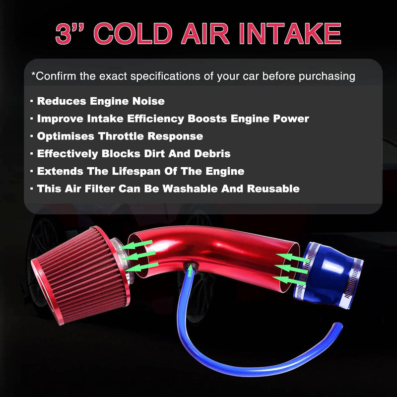 3" Cold Air Intake Filter Induction Kit Aluminum Pipe Power Flow Hose System