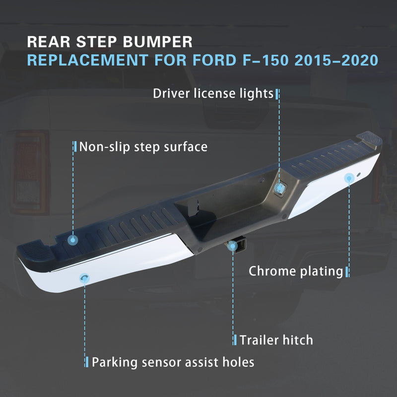 Rear Bumper Assembly Chrome Steel Towing Park Sensor for Ford F150 2015-2019