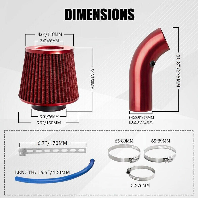 3" 76mm Cold Air Intake Filter Induction Kit Pipe Power Flow Hose System