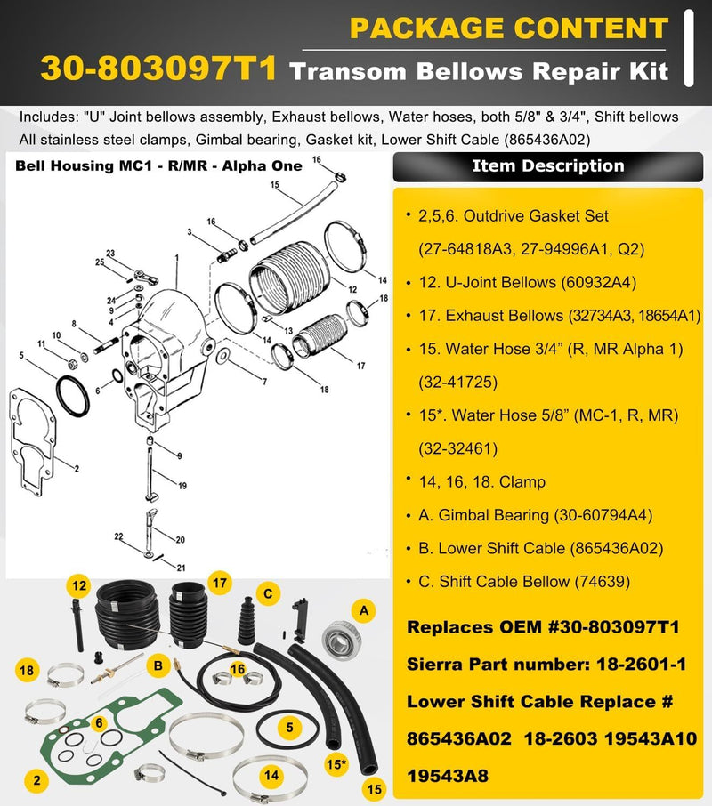 Transom Seal Bellow Kit & Lower Shift Cable for Quicksilver Mercruiser Alpha One