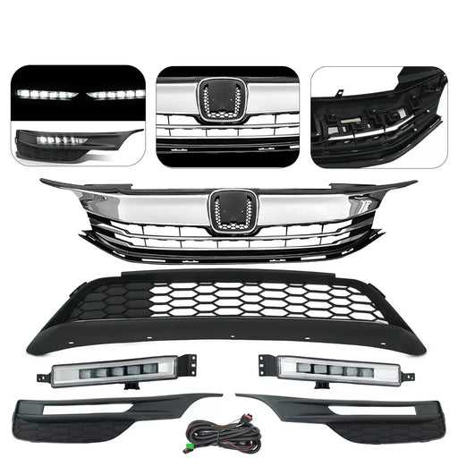 DURAFORCE Front Upper Lower Grille LED Fog Lights Set for 2016 2017 for Honda Accord