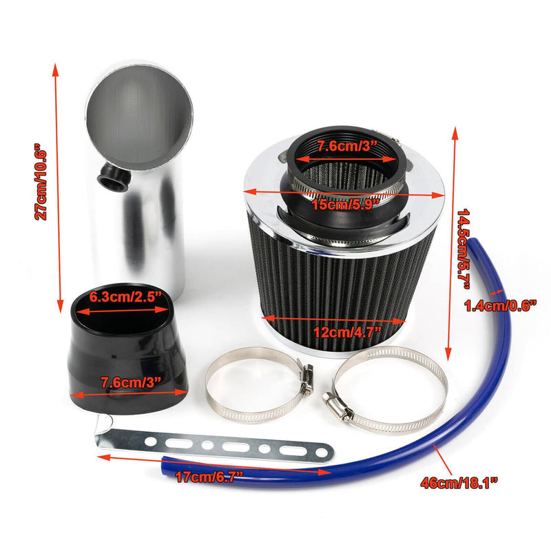 Universal 3" Cold Air Intake Kit Induction Flow Pipe Aluminum for Silver 3