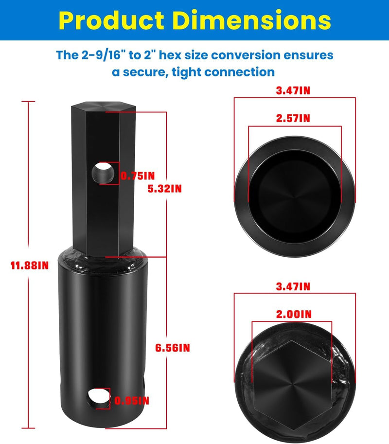 Heavy Duty Auger Adapter 2-9/16" Female Round to 2" Male Hex for Augers