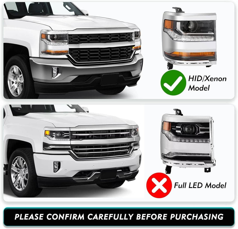 Pair Chrome Headlights for Chevy Silverado 1500 2016-2018 HID Xenon Headlamps 2