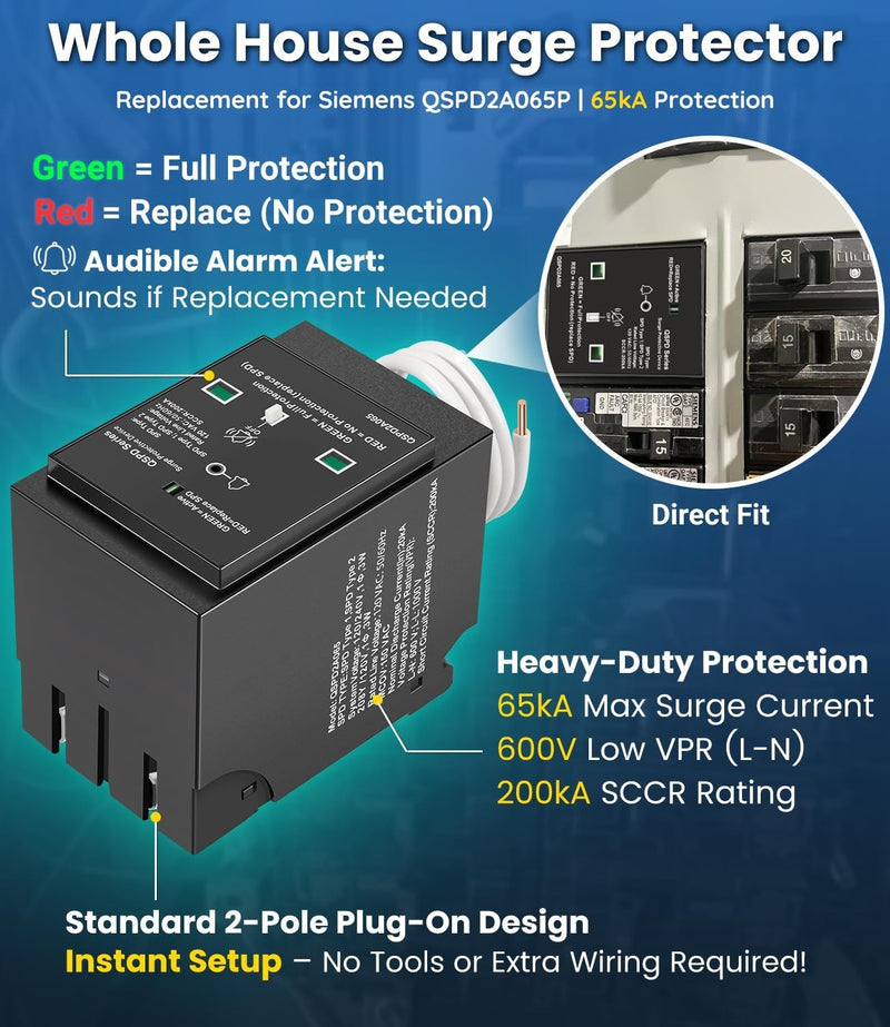 QSPD2A065P Plug-In Surge Protection Device for Siemens 2-Pole 65kA 120/240V