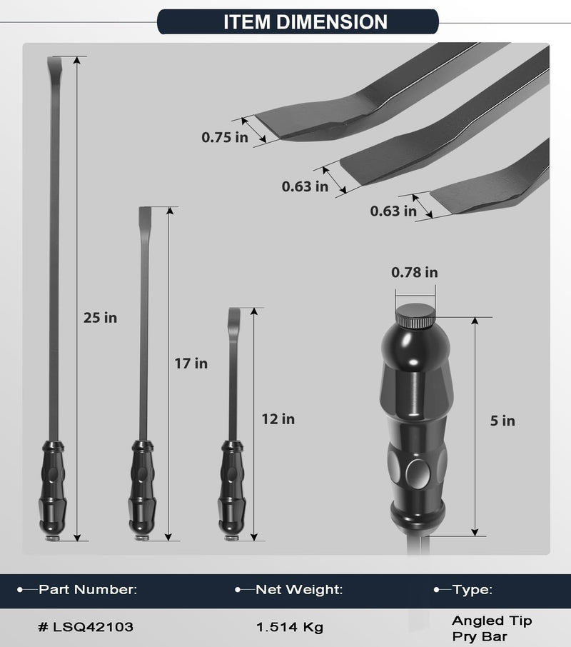 LSQ42103 Pry Bar Set Heavy Duty Angled End 12", 17", 25" 3-Piece