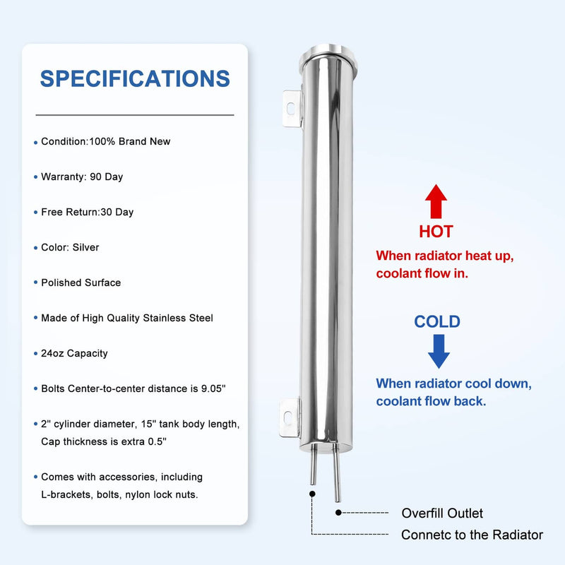 24 Oz Polished Stainless Steel 2" x 15" Radiator Dr Overflow Tank Bottle