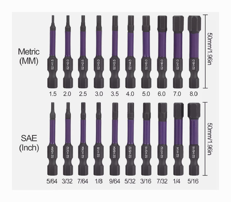 20PCS Allen Hex Bit Set 1/4 Hex Magnetic S2 Steel 2 Long Metric SAE DIY Tool