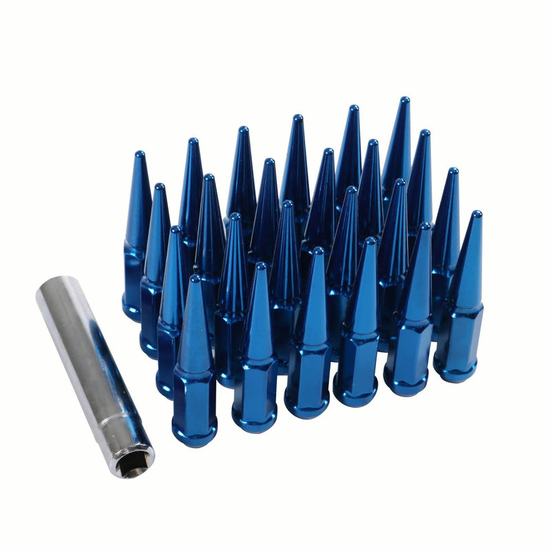 24PCS M14x1.5 Spike Lug Nuts 4.5 Tall Blue for 6 Lug GMC Chevy Ford With Key