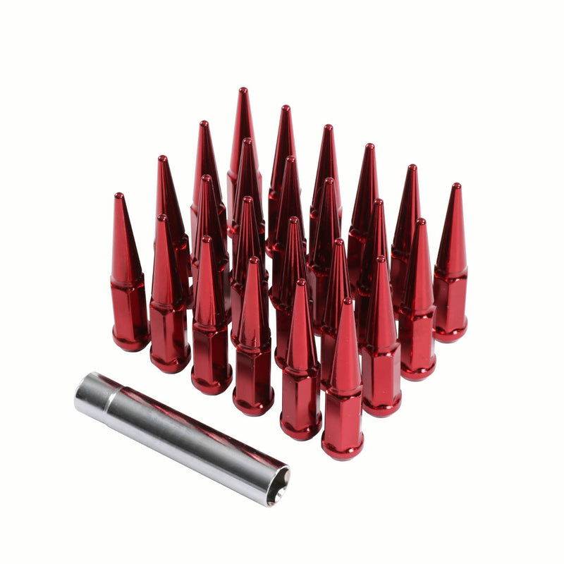 24 PCS Spike Lug Nuts 14x1.5 Red for Chevy Silverado Tahoe 4.4" Tall With Key