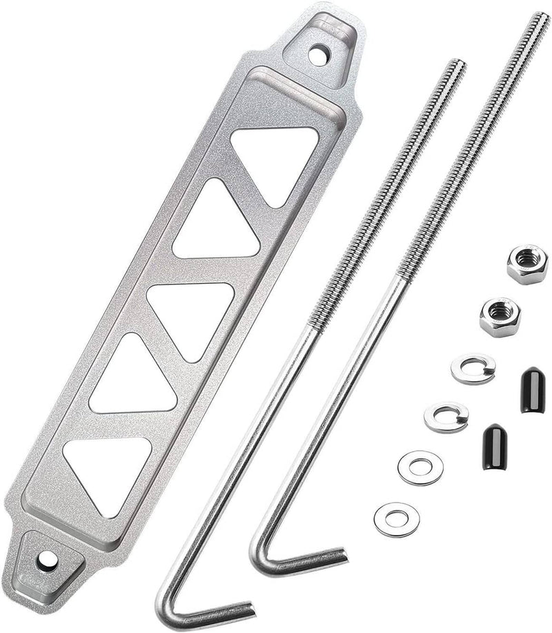 Aluminum Car Battery Hold Tie Down Bracket Mount Kit with J-Hooks Bolts Silver