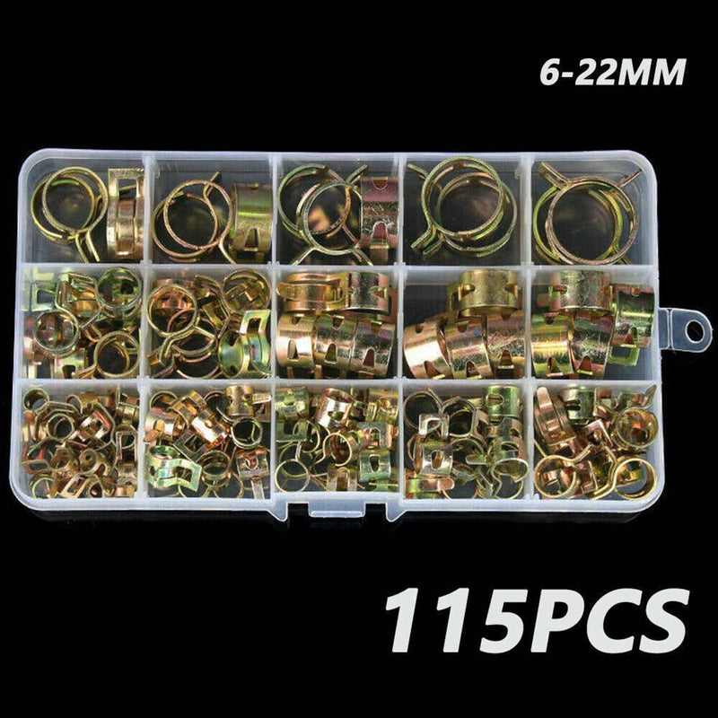 115PC Spring Hose Clamps Kit 6-22mm Fuel Water Line Pipe Air Tube Fastener Clips