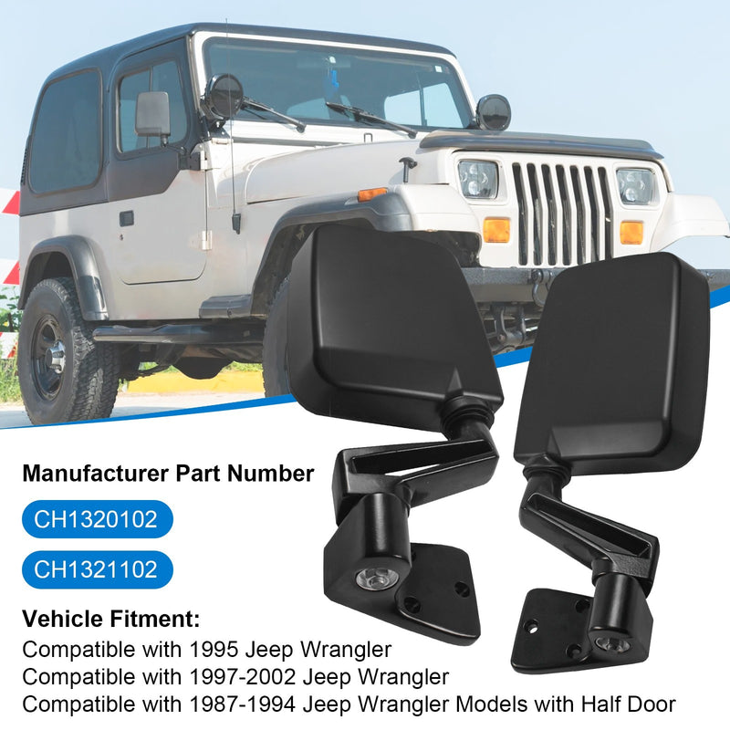 Manual Side View Black Door Mirrors Pair Set for 87-02 Jeep Wrangler