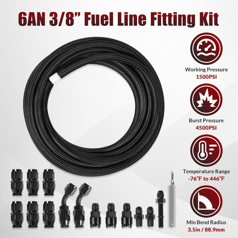 6AN 3/8" PTFE Fuel Line Kit Nylon Stainless Braided Hose 25FT 16Pcs