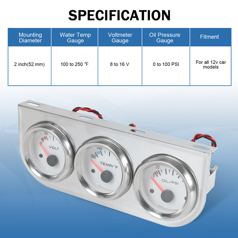 Universal 52mm Volt Water Oil Pressure Triple 3 Gauge Set Chrome Kit