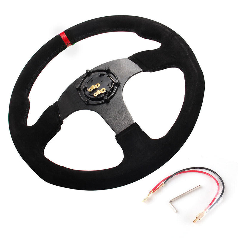 14" 350mm Racing Suede Leather Steering Wheel Horn Button Quick Release Kit