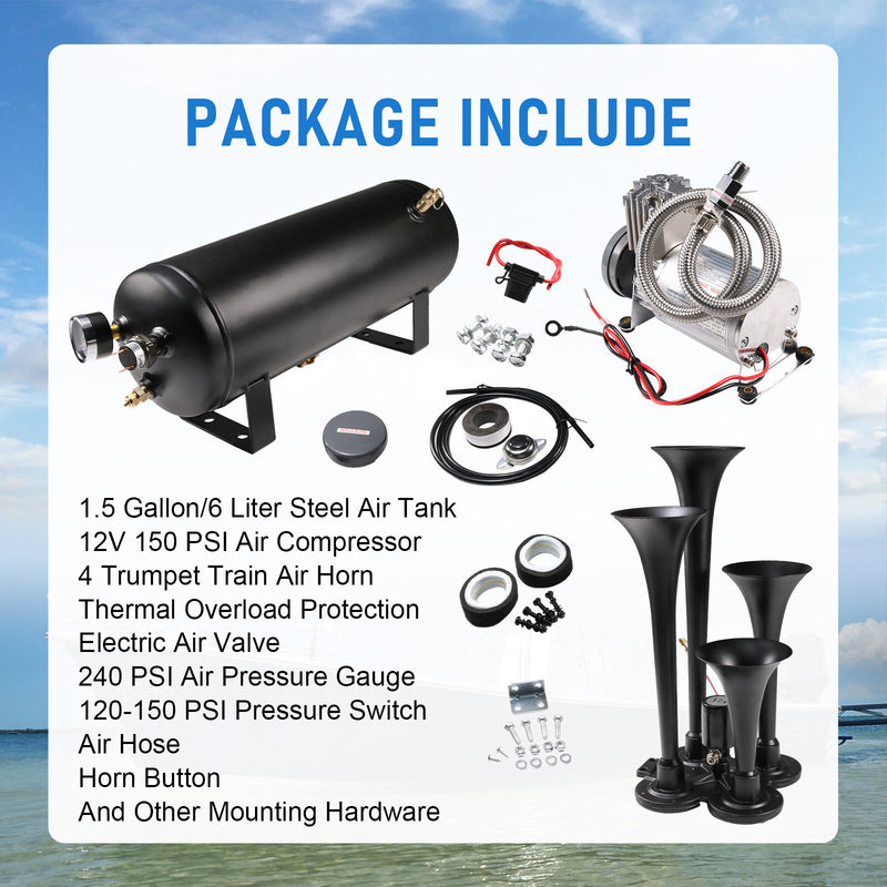 Train Horn Kit 4 Trumpets 1.5G Air Tank 150PSI for Truck Car Semi
