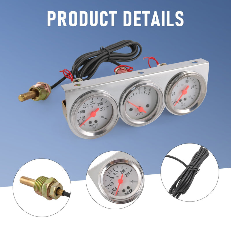 52mm Mechanical Triple Gauge Set Chrome for Water Temp Oil Pressure Volt Meter