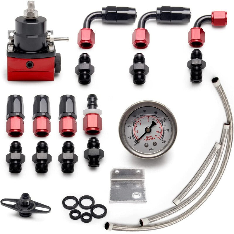 Black-Red Adjustable Fuel Pressure Regulator Kit Oil Gauge -6AN 6AN 0-100psi